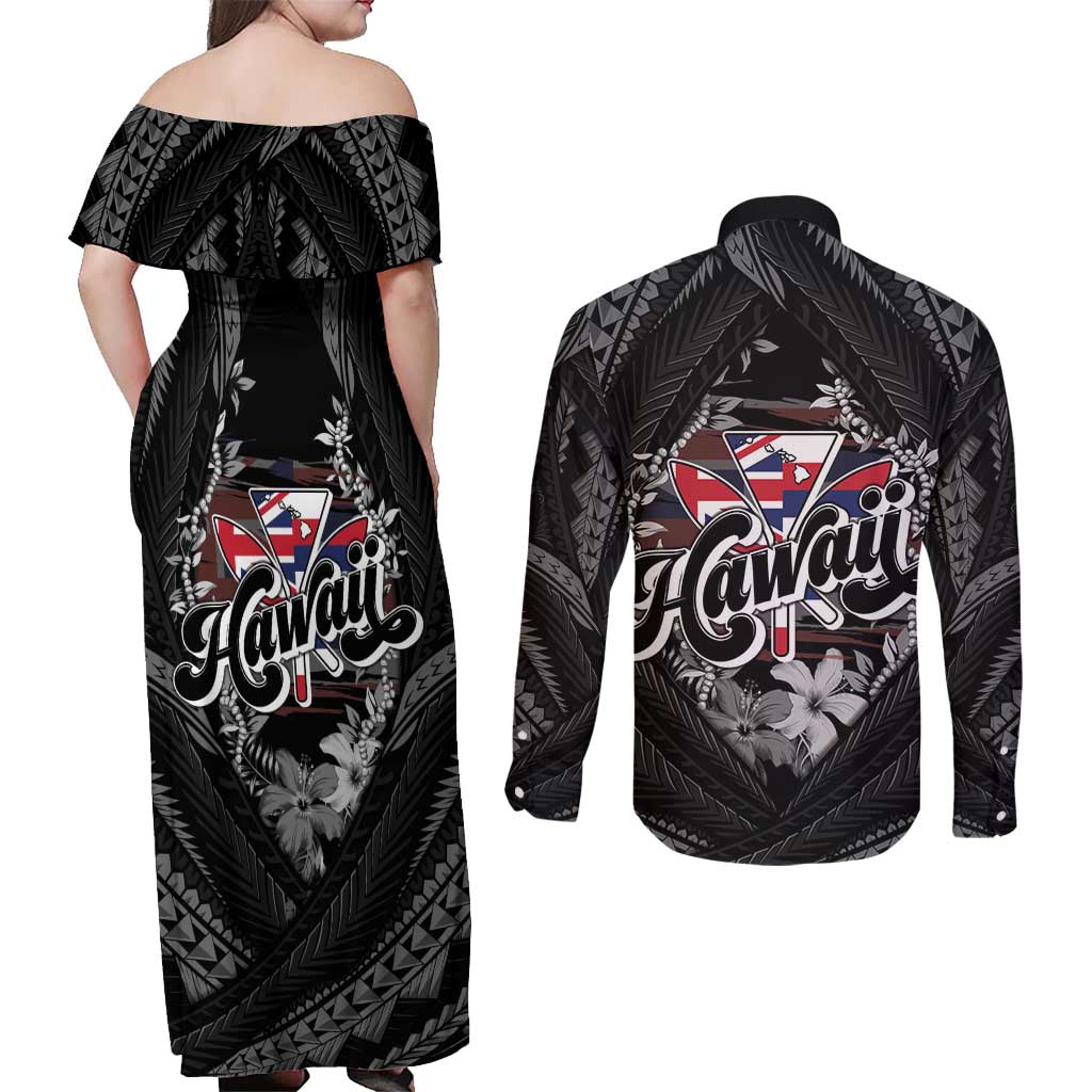 Hawaii November 28th Couples Matching Off Shoulder Maxi Dress and Long Sleeve Button Shirt Kanaka Maoli Tribal Pattern - Polynesian Pride