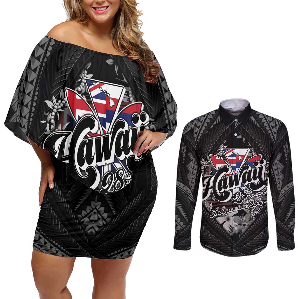 Hawaii November 28th Couples Matching Off Shoulder Short Dress and Long Sleeve Button Shirt Kanaka Maoli Tribal Pattern - Polynesian Pride