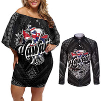 Hawaii November 28th Couples Matching Off Shoulder Short Dress and Long Sleeve Button Shirt Kanaka Maoli Tribal Pattern - Polynesian Pride