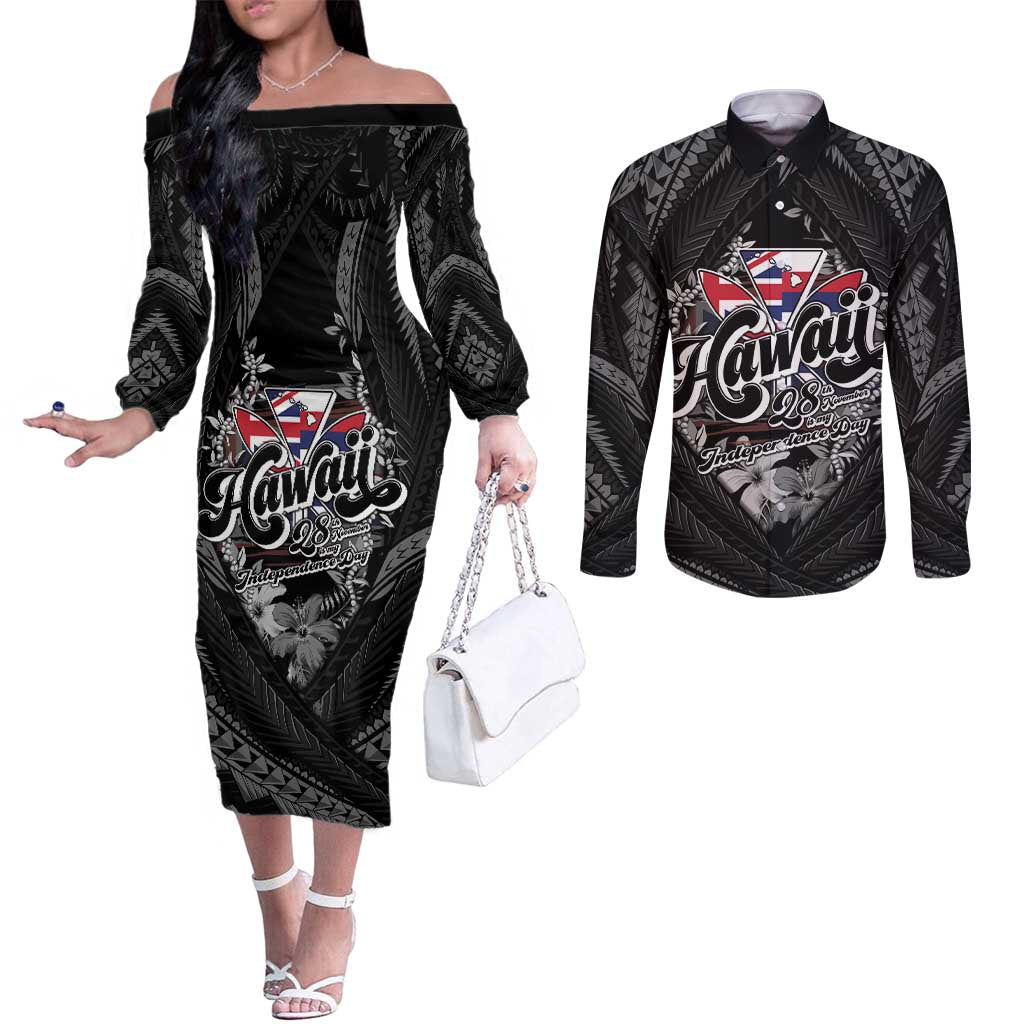 Hawaii November 28th Couples Matching Off The Shoulder Long Sleeve Dress and Long Sleeve Button Shirt Kanaka Maoli Tribal Pattern - Polynesian Pride