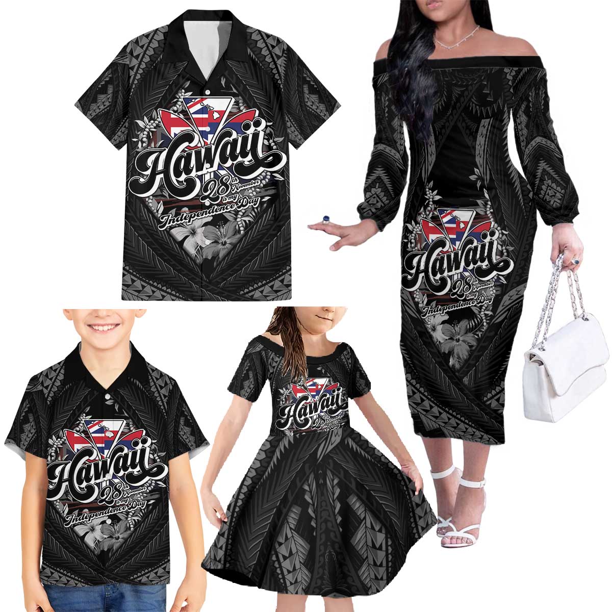 Hawaii November 28th Family Matching Off The Shoulder Long Sleeve Dress and Hawaiian Shirt Kanaka Maoli Tribal Pattern - Polynesian Pride