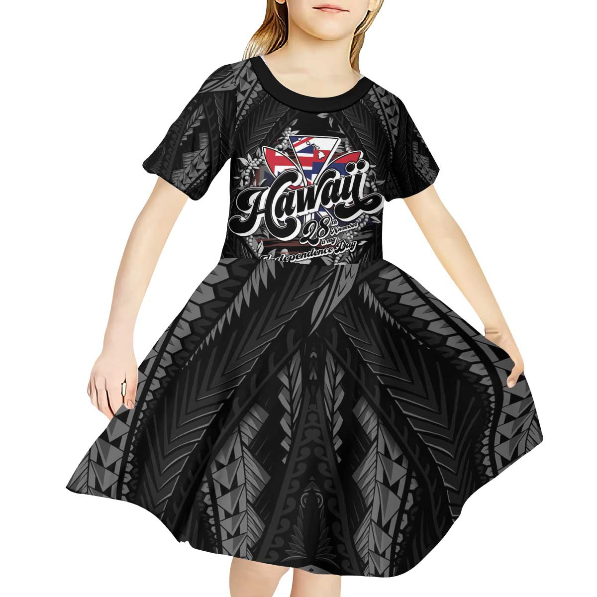 Hawaii November 28th Kid Short Sleeve Dress Kanaka Maoli Tribal Pattern - Polynesian Pride