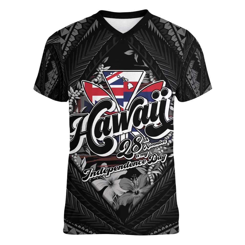 Hawaii November 28th Women V-Neck T-Shirt Kanaka Maoli Tribal Pattern - Polynesian Pride