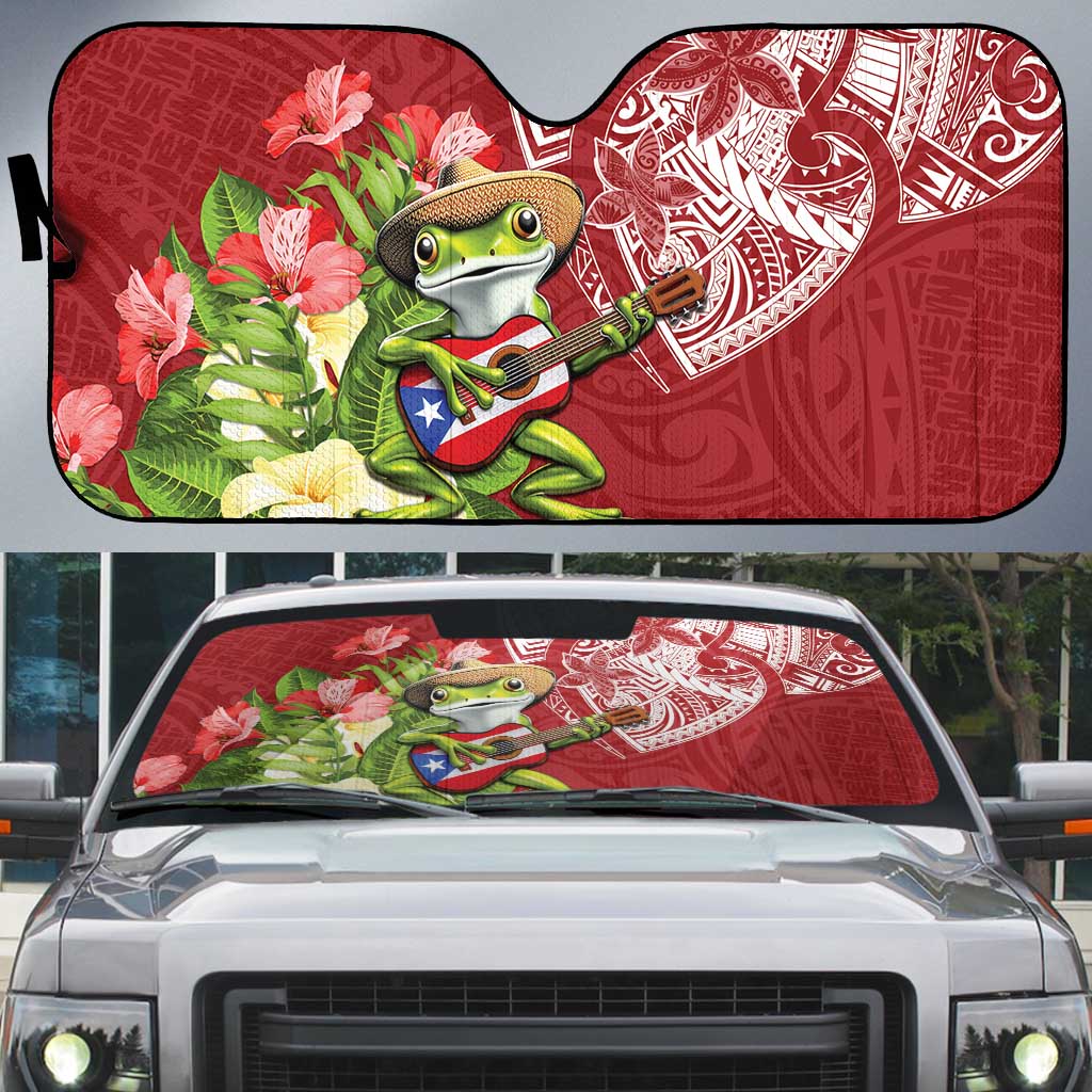 Puerto Rico Coqui Frog Auto Sun Shade Tropical Flowers Polynesian Style LT05 Red - Polynesian Pride