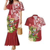 Puerto Rico Coqui Frog Couples Matching Mermaid Dress and Hawaiian Shirt Tropical Flowers Polynesian Style LT05 Red - Polynesian Pride
