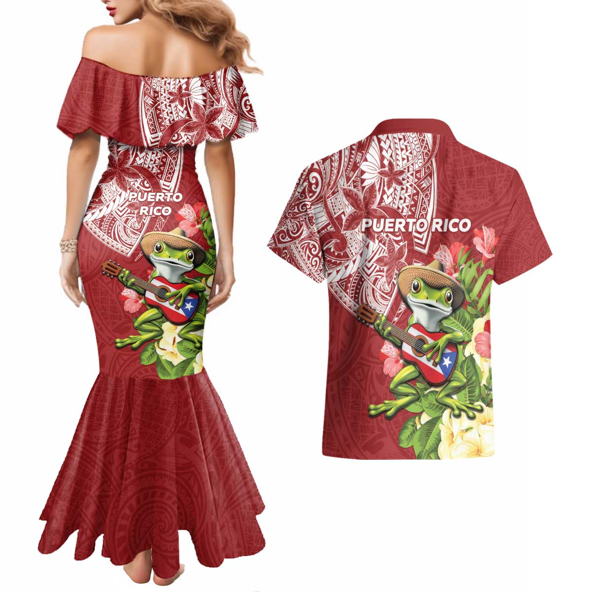 Puerto Rico Coqui Frog Couples Matching Mermaid Dress and Hawaiian Shirt Tropical Flowers Polynesian Style LT05 - Polynesian Pride
