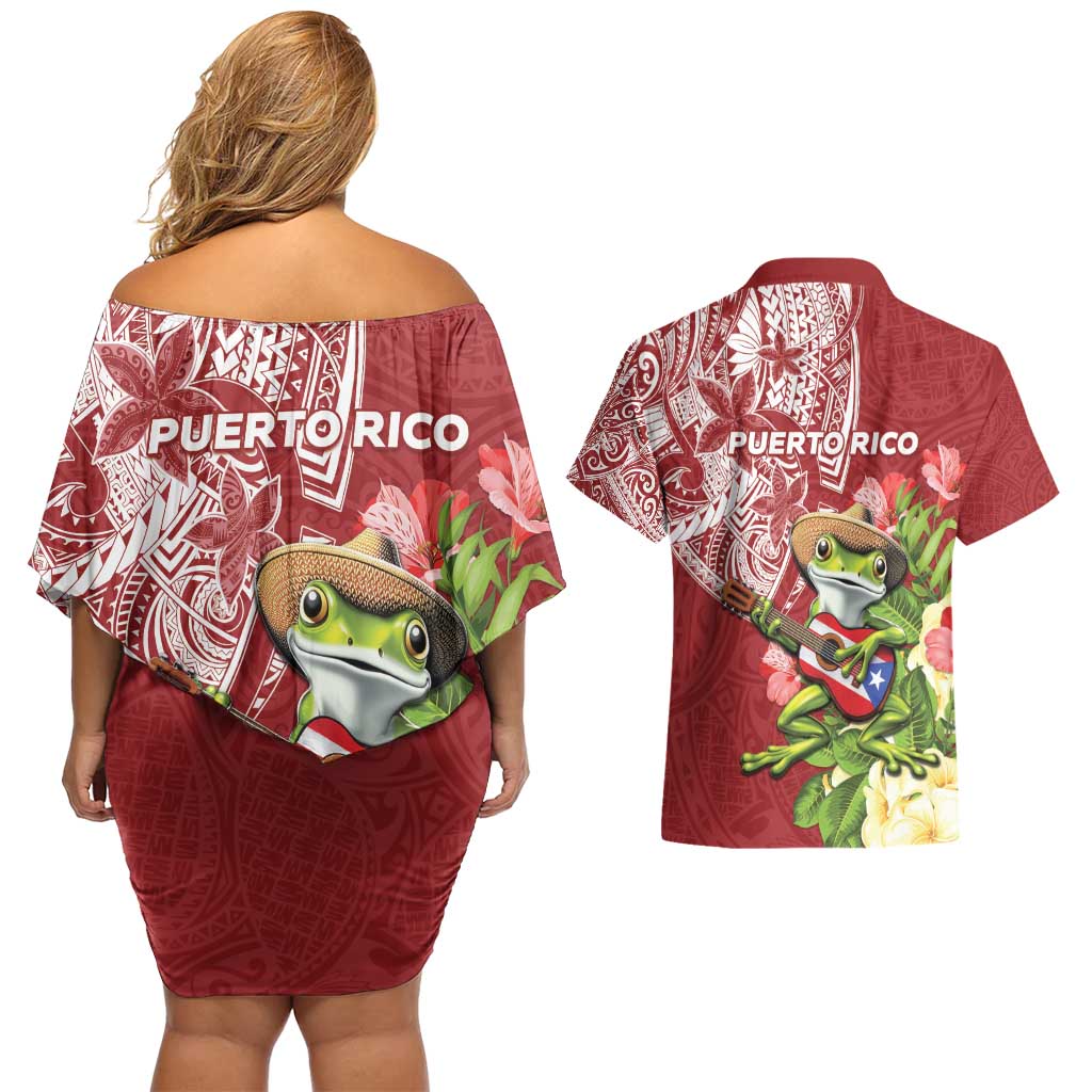 Puerto Rico Coqui Frog Couples Matching Off Shoulder Short Dress and Hawaiian Shirt Tropical Flowers Polynesian Style LT05 - Polynesian Pride