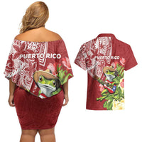 Puerto Rico Coqui Frog Couples Matching Off Shoulder Short Dress and Hawaiian Shirt Tropical Flowers Polynesian Style LT05 - Polynesian Pride