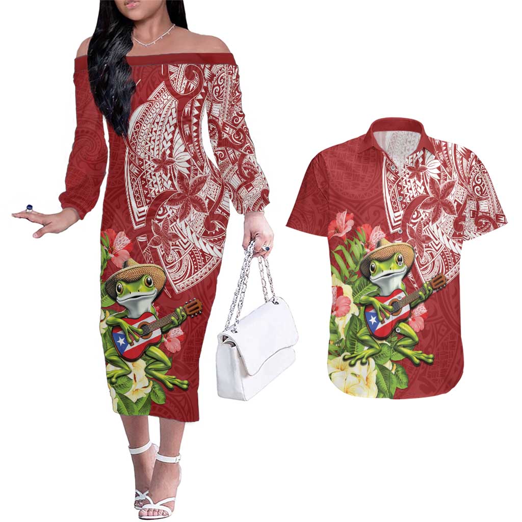 Puerto Rico Coqui Frog Couples Matching Off The Shoulder Long Sleeve Dress and Hawaiian Shirt Tropical Flowers Polynesian Style LT05 Red - Polynesian Pride