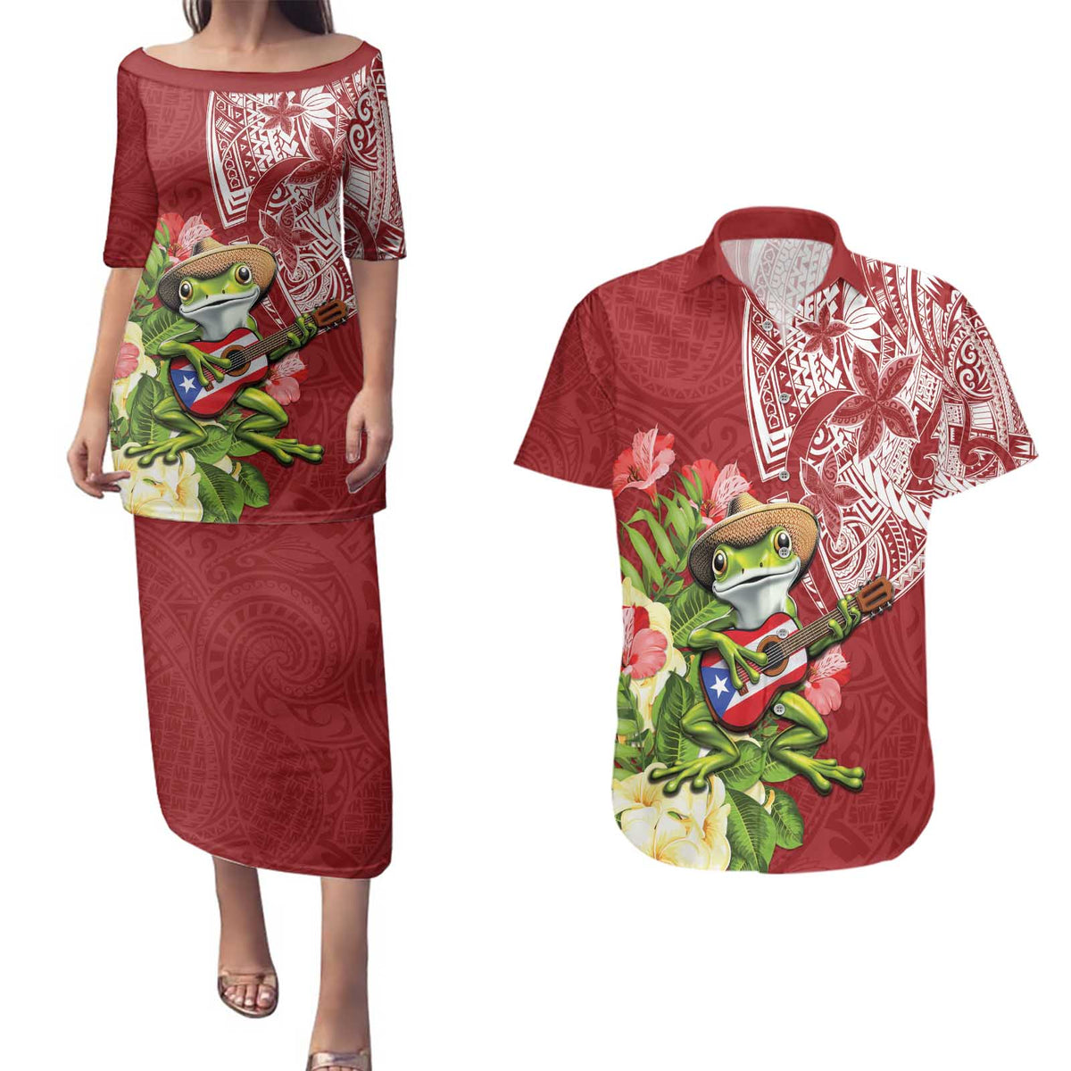 Puerto Rico Coqui Frog Couples Matching Puletasi and Hawaiian Shirt Tropical Flowers Polynesian Style LT05 Red - Polynesian Pride