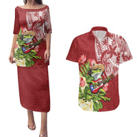 Puerto Rico Coqui Frog Couples Matching Puletasi and Hawaiian Shirt Tropical Flowers Polynesian Style LT05 Red - Polynesian Pride