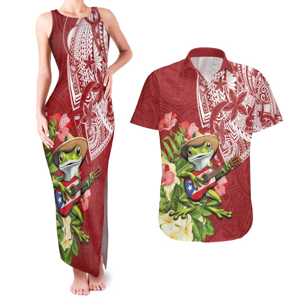 Puerto Rico Coqui Frog Couples Matching Tank Maxi Dress and Hawaiian Shirt Tropical Flowers Polynesian Style LT05 Red - Polynesian Pride