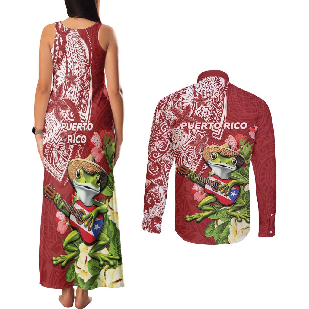 Puerto Rico Coqui Frog Couples Matching Tank Maxi Dress and Long Sleeve Button Shirt Tropical Flowers Polynesian Style - Polynesian Pride
