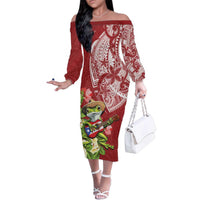 Puerto Rico Coqui Frog Family Matching Off The Shoulder Long Sleeve Dress and Hawaiian Shirt Tropical Flowers Polynesian Style - Polynesian Pride