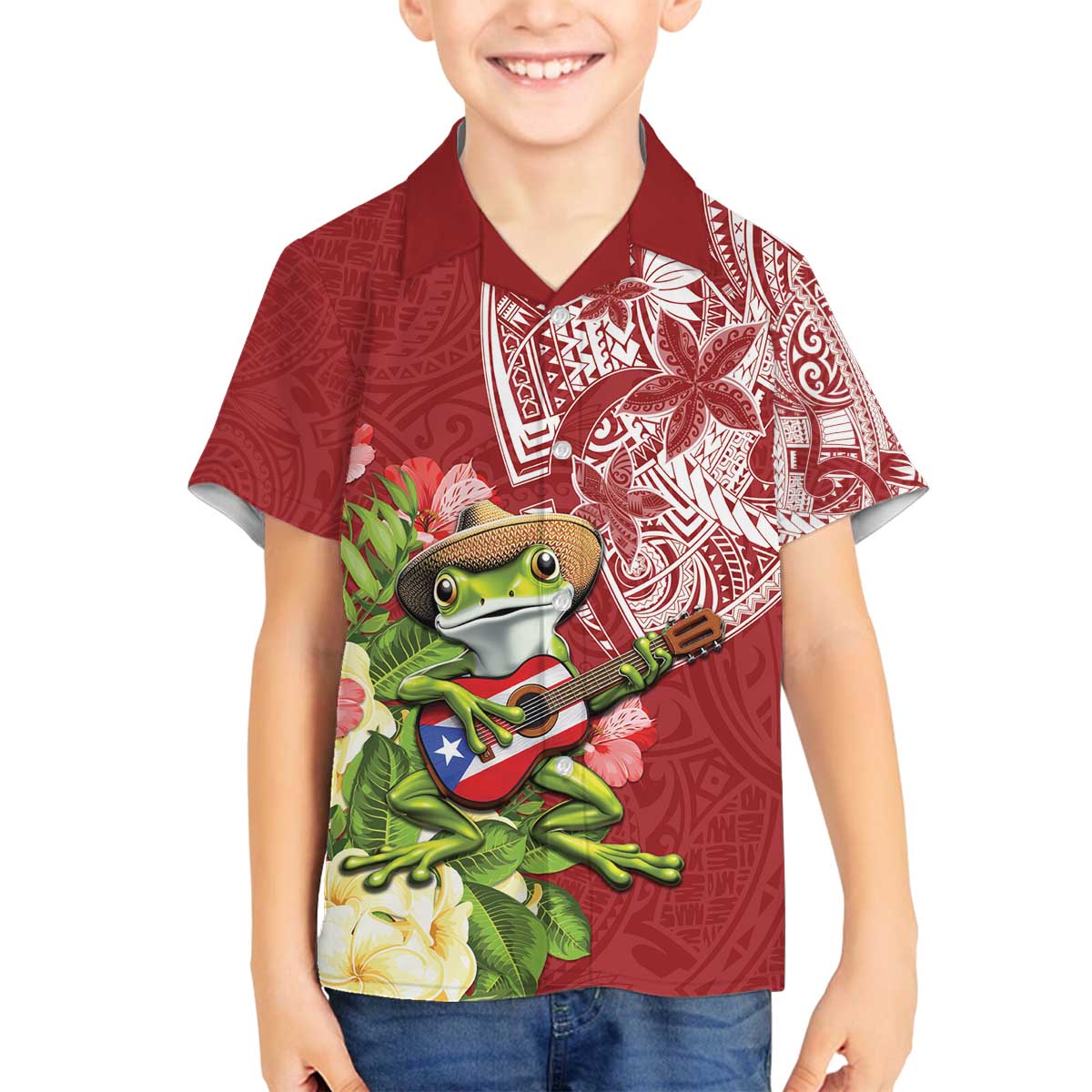 Puerto Rico Coqui Frog Family Matching Off The Shoulder Long Sleeve Dress and Hawaiian Shirt Tropical Flowers Polynesian Style - Polynesian Pride