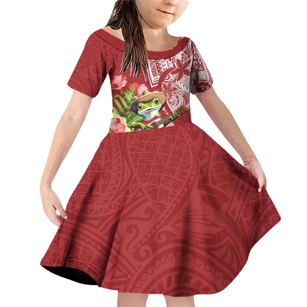 Puerto Rico Coqui Frog Family Matching Off Shoulder Short Dress and Hawaiian Shirt Tropical Flowers Polynesian Style - Polynesian Pride