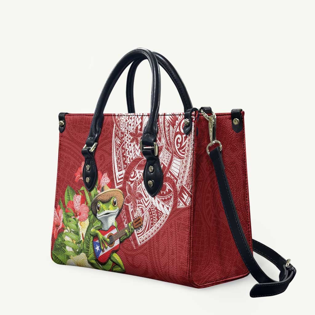 Puerto Rico Coqui Frog Leather Bag Tropical Flowers Polynesian Style LT05 Red - Polynesian Pride