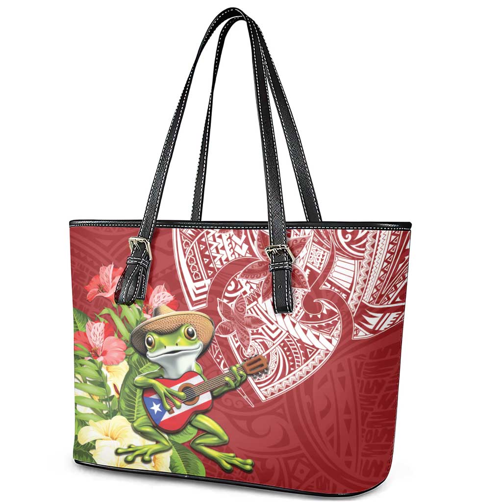 Puerto Rico Coqui Frog Leather Tote Bag Tropical Flowers Polynesian Style LT05 - Polynesian Pride