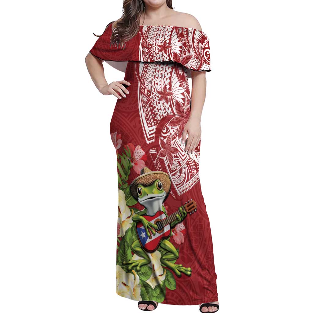 Puerto Rico Coqui Frog Off Shoulder Maxi Dress Tropical Flowers Polynesian Style LT05 Women Red - Polynesian Pride