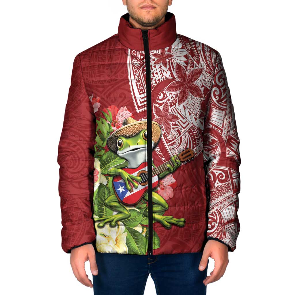 Puerto Rico Coqui Frog Padded Jacket Tropical Flowers Polynesian Style LT05 Men Red - Polynesian Pride