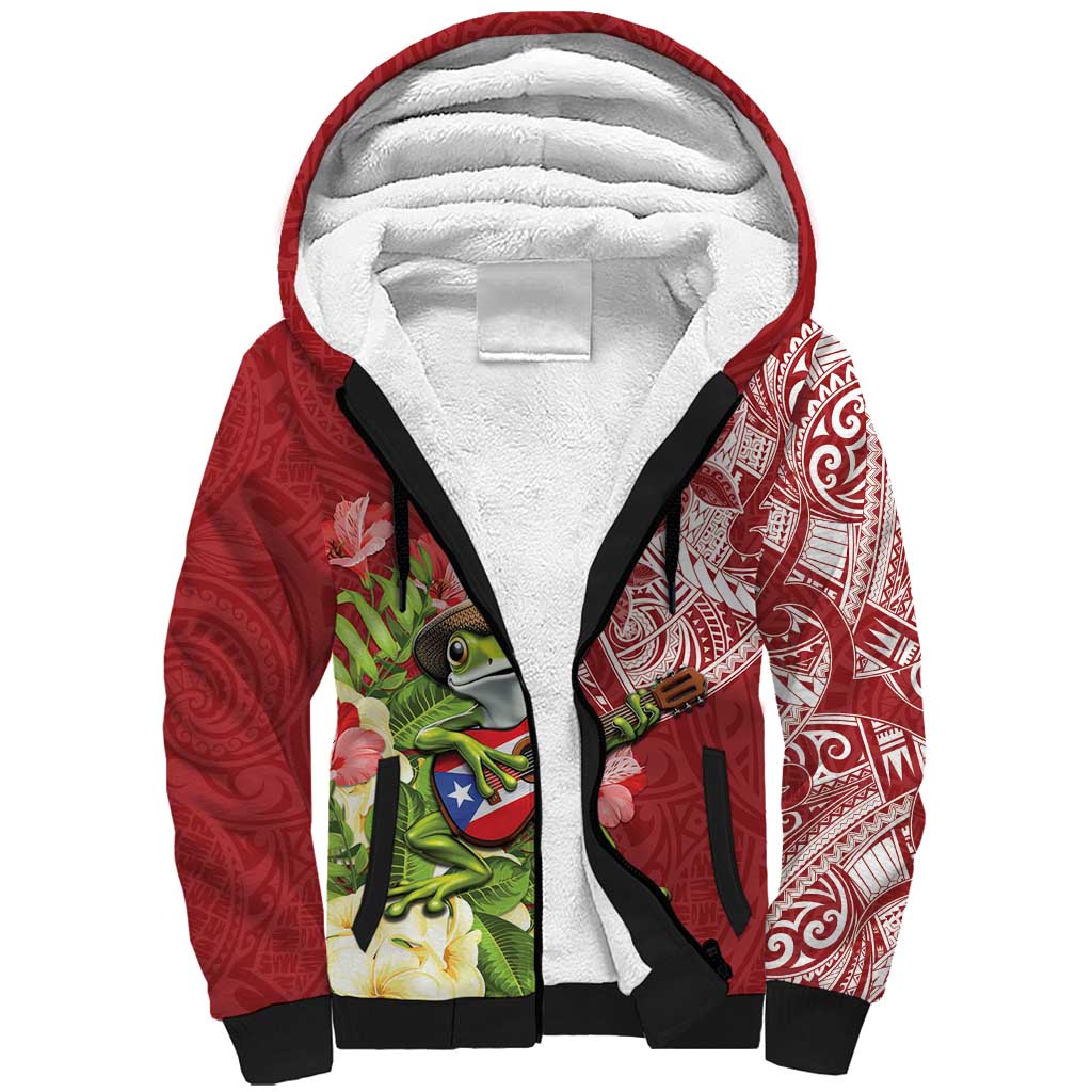 Puerto Rico Coqui Frog Sherpa Hoodie Tropical Flowers Polynesian Style LT05 Unisex Red - Polynesian Pride
