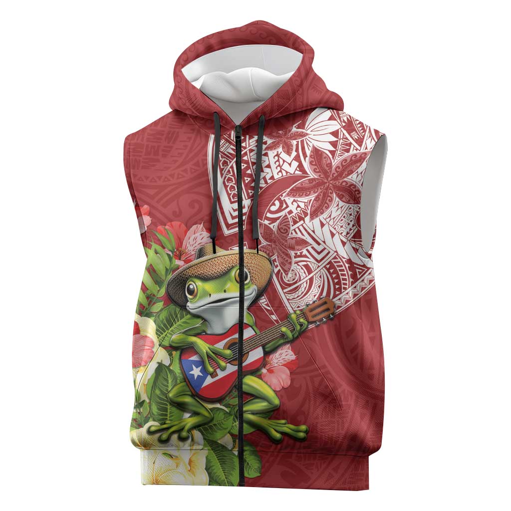 Puerto Rico Coqui Frog Sleeveless Zip Hoodie Tropical Flowers Polynesian Style LT05 Red - Polynesian Pride