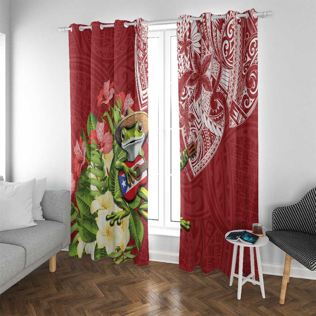Puerto Rico Coqui Frog Window Curtain Tropical Flowers Polynesian Style LT05 With Grommets Red - Polynesian Pride