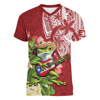 Puerto Rico Coqui Frog Women V-Neck T-Shirt Tropical Flowers Polynesian Style LT05 Female Red - Polynesian Pride