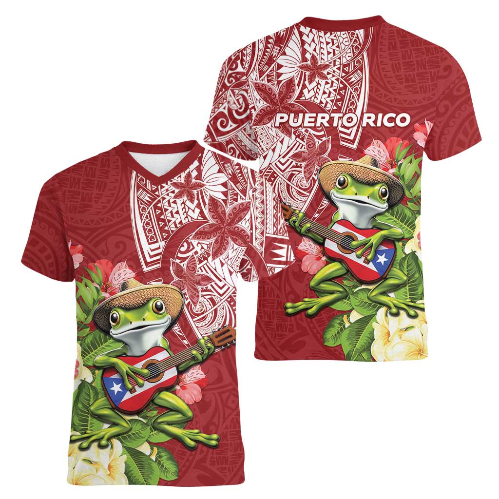 Puerto Rico Coqui Frog Women V-Neck T-Shirt Tropical Flowers Polynesian Style LT05 - Polynesian Pride