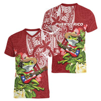 Puerto Rico Coqui Frog Women V-Neck T-Shirt Tropical Flowers Polynesian Style LT05 - Polynesian Pride