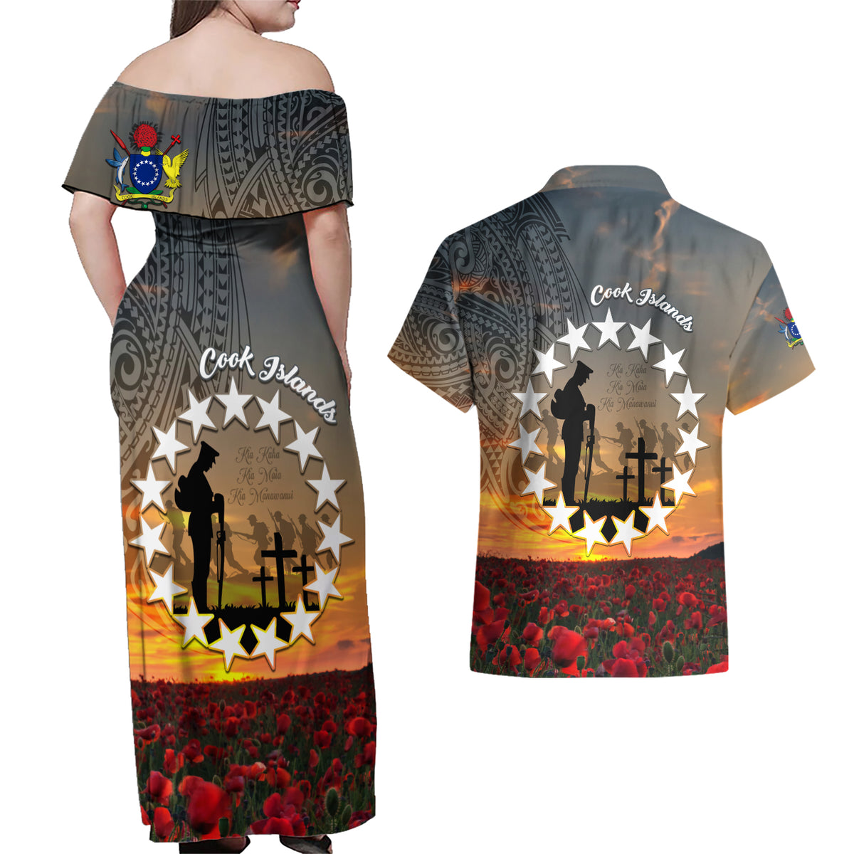 Cook Islands ANZAC Day Couples Matching Off Shoulder Maxi Dress and Hawaiian Shirt Lest We Forget LT05 - Polynesian Pride
