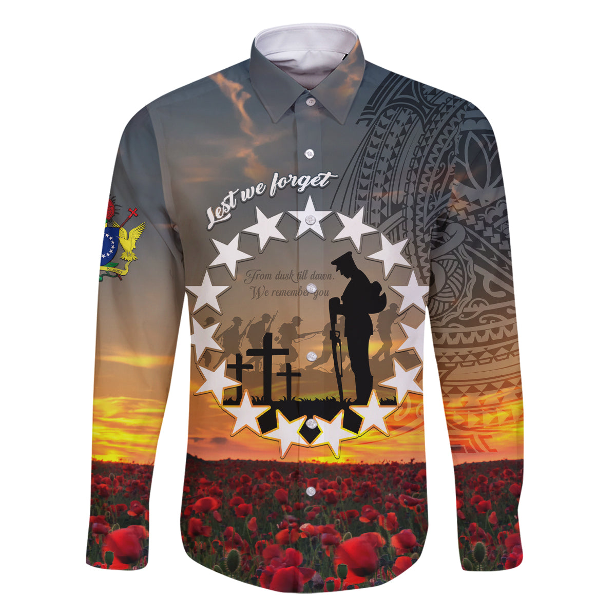 Cook Islands ANZAC Day Family Matching Off Shoulder Long Sleeve Dress and Hawaiian Shirt Lest We Forget LT05 Dad's Shirt - Long Sleeve Grey - Polynesian Pride