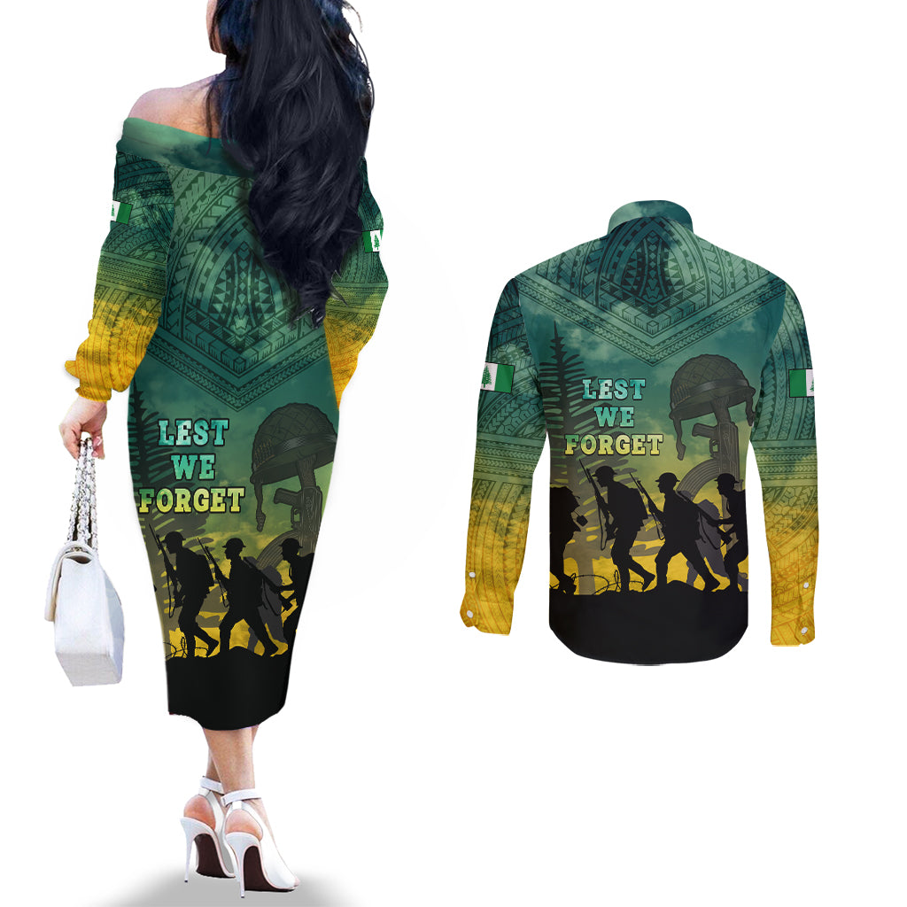 Norfolk Island ANZAC Day Couples Matching Off The Shoulder Long Sleeve Dress and Long Sleeve Button Shirt Lest We Forget LT05 - Polynesian Pride