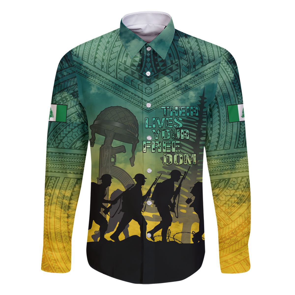 Norfolk Island ANZAC Day Family Matching Mermaid Dress and Hawaiian Shirt Lest We Forget LT05 Dad's Shirt - Long Sleeve Dark Cyan - Polynesian Pride