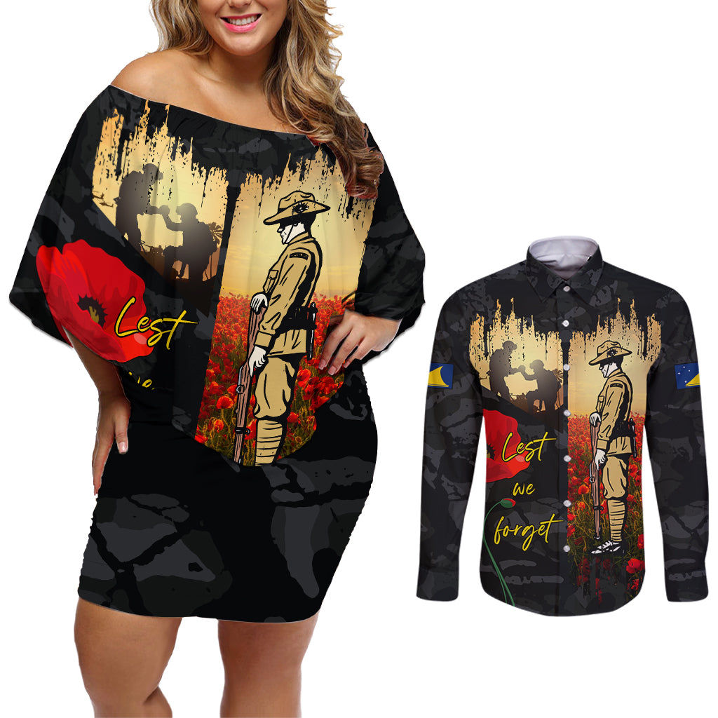 Tokelau ANZAC Day Couples Matching Off Shoulder Short Dress and Long Sleeve Button Shirt Lest We Forget LT05 Black - Polynesian Pride