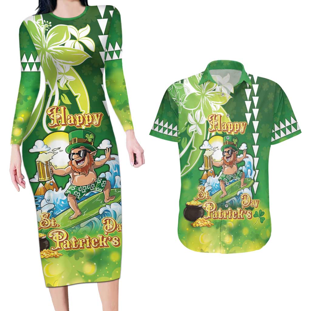 Hawaii Saint Patrick's Day Couples Matching Long Sleeve Bodycon Dress and Hawaiian Shirt Funny Surfing Leprechaun