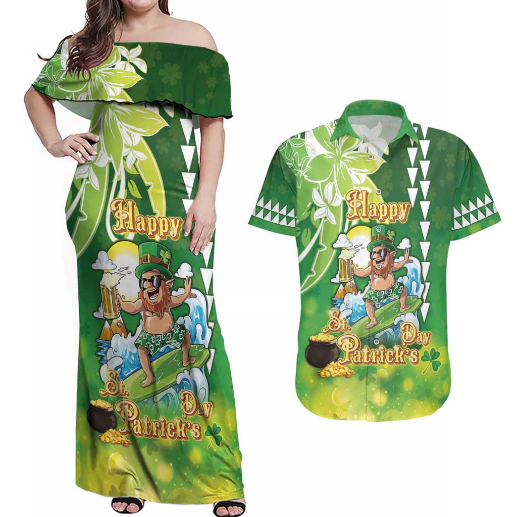 Hawaii Saint Patrick's Day Couples Matching Off Shoulder Maxi Dress and Hawaiian Shirt Funny Surfing Leprechaun