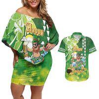 Hawaii Saint Patrick's Day Couples Matching Off Shoulder Short Dress and Hawaiian Shirt Funny Surfing Leprechaun