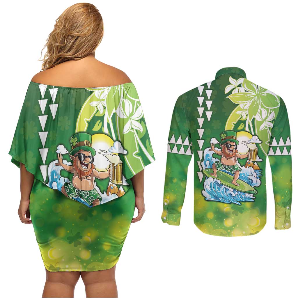 Hawaii Saint Patrick's Day Couples Matching Off Shoulder Short Dress and Long Sleeve Button Shirt Funny Surfing Leprechaun