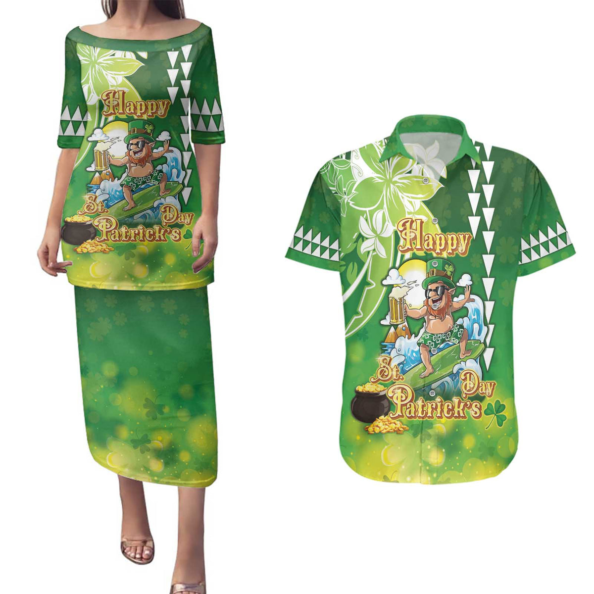 Hawaii Saint Patrick's Day Couples Matching Puletasi and Hawaiian Shirt Funny Surfing Leprechaun