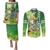 Hawaii Saint Patrick's Day Couples Matching Puletasi and Long Sleeve Button Shirt Funny Surfing Leprechaun