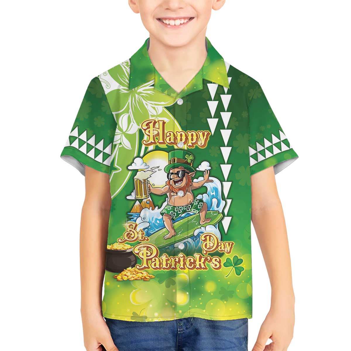 Hawaii Saint Patrick's Day Family Matching Off The Shoulder Long Sleeve Dress and Hawaiian Shirt Funny Surfing Leprechaun