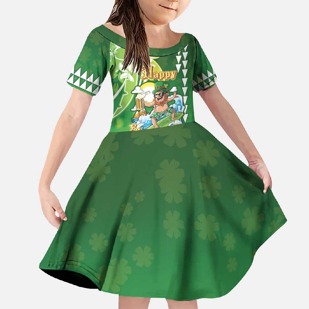 Hawaii Saint Patrick's Day Family Matching Short Sleeve Bodycon Dress and Hawaiian Shirt Funny Surfing Leprechaun