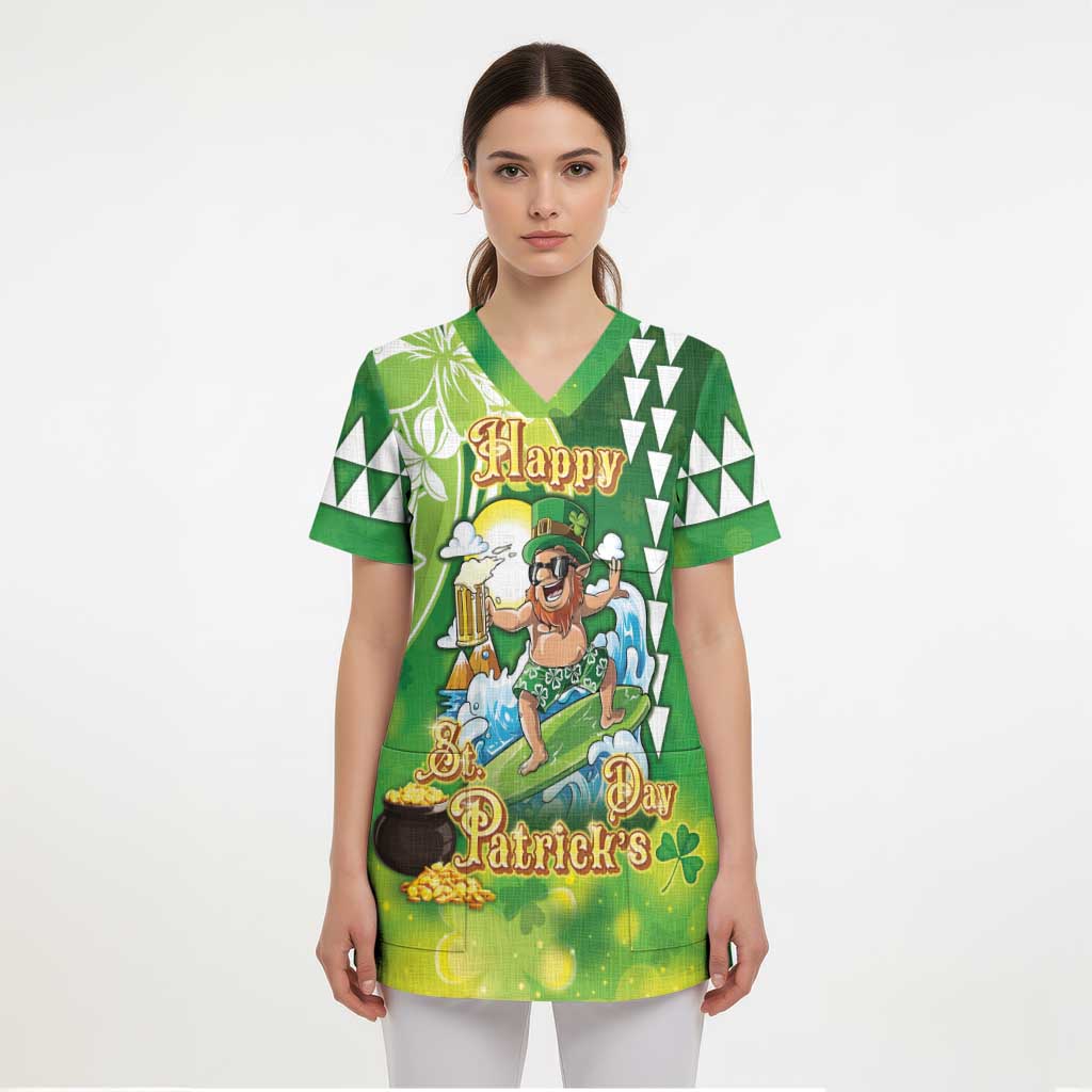 Hawaii Saint Patrick's Day Scrub Top Funny Surfing Leprechaun - Polynesian Pride