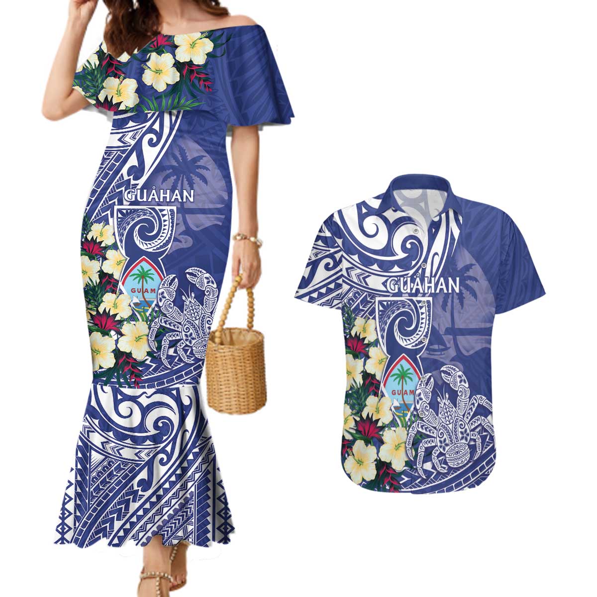 Personalised Hafa Adai Guam Couples Matching Mermaid Dress and Hawaiian Shirt Latte Stone With Coconut Crab