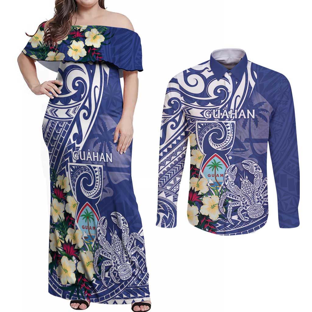 Personalised Hafa Adai Guam Couples Matching Off Shoulder Maxi Dress and Long Sleeve Button Shirt Latte Stone With Coconut Crab LT05 Blue - Polynesian Pride