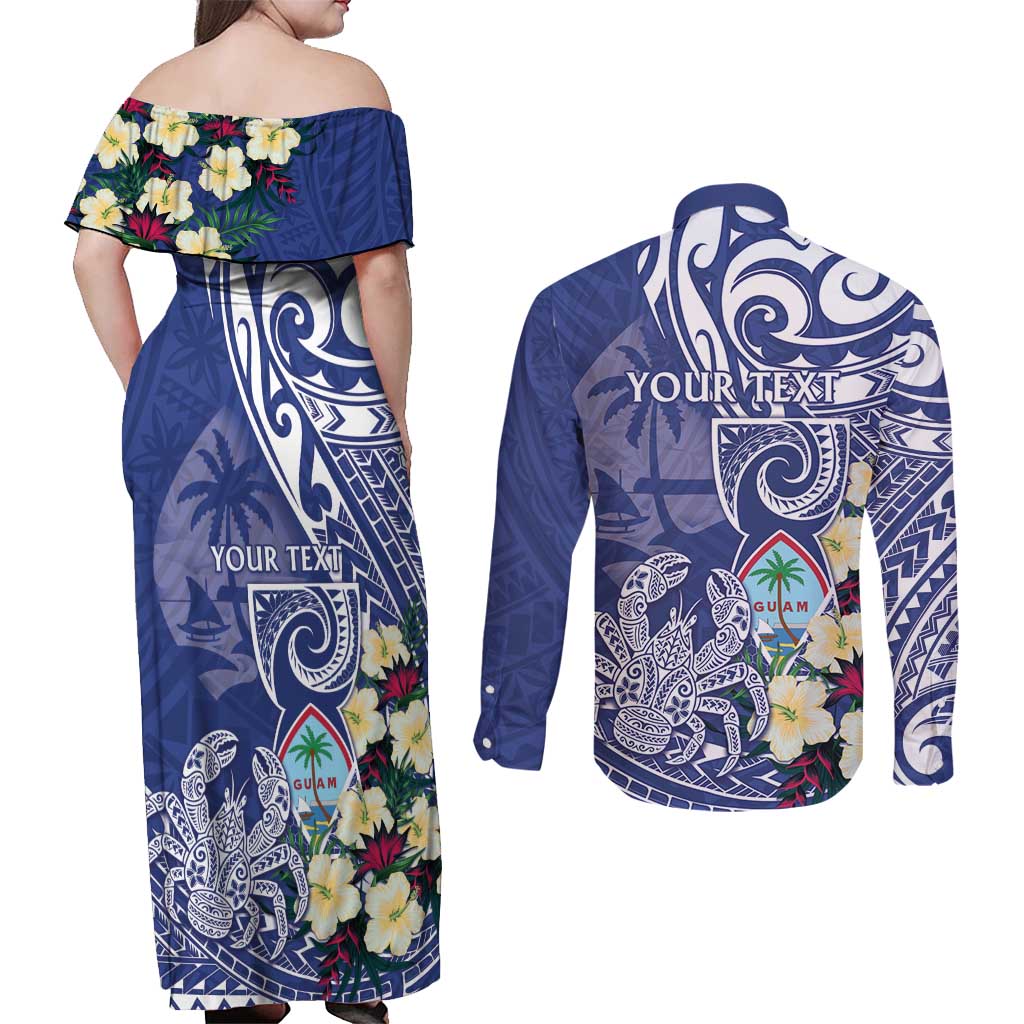 Personalised Hafa Adai Guam Couples Matching Off Shoulder Maxi Dress and Long Sleeve Button Shirt Latte Stone With Coconut Crab LT05 - Polynesian Pride