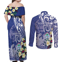 Personalised Hafa Adai Guam Couples Matching Off Shoulder Maxi Dress and Long Sleeve Button Shirt Latte Stone With Coconut Crab LT05 - Polynesian Pride