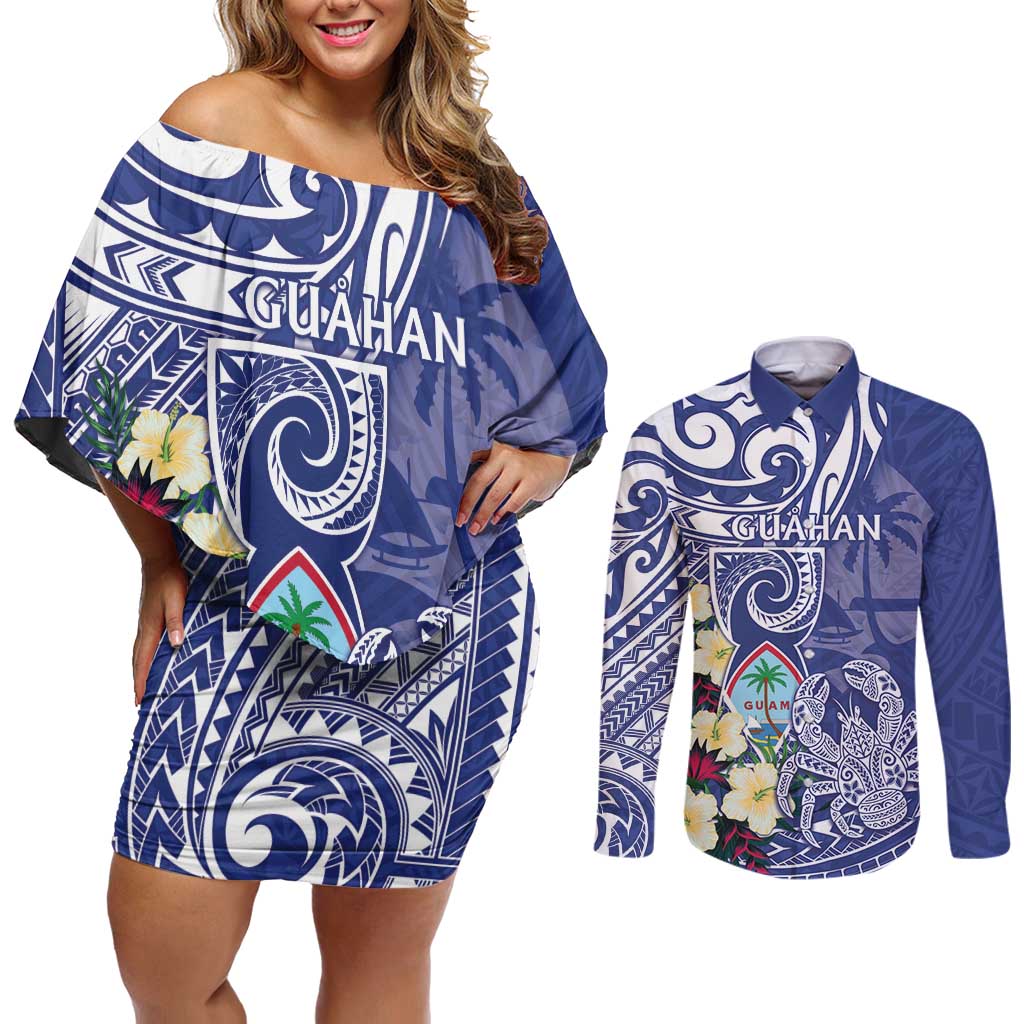 Personalised Hafa Adai Guam Couples Matching Off Shoulder Short Dress and Long Sleeve Button Shirt Latte Stone With Coconut Crab LT05 Blue - Polynesian Pride
