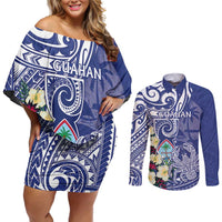 Personalised Hafa Adai Guam Couples Matching Off Shoulder Short Dress and Long Sleeve Button Shirt Latte Stone With Coconut Crab LT05 Blue - Polynesian Pride